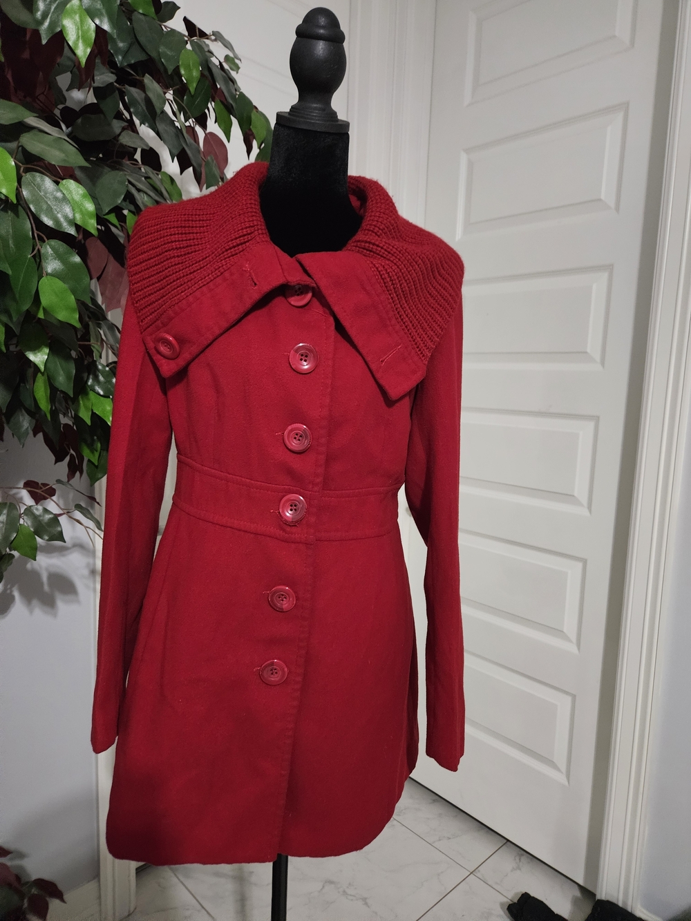 Forever 21 Red Button-Front Trench Coat with Wide Ribbed Collar